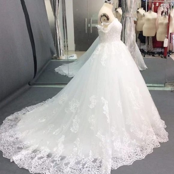 Off Shoulder Tulle Wedding Dress with Sweep Train Lace-Up Back